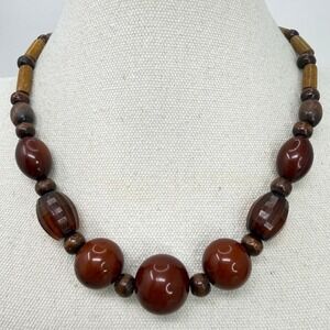 Vintage Chunky Wood and Resin Bead Statement Necklace Brown Boho Graduated